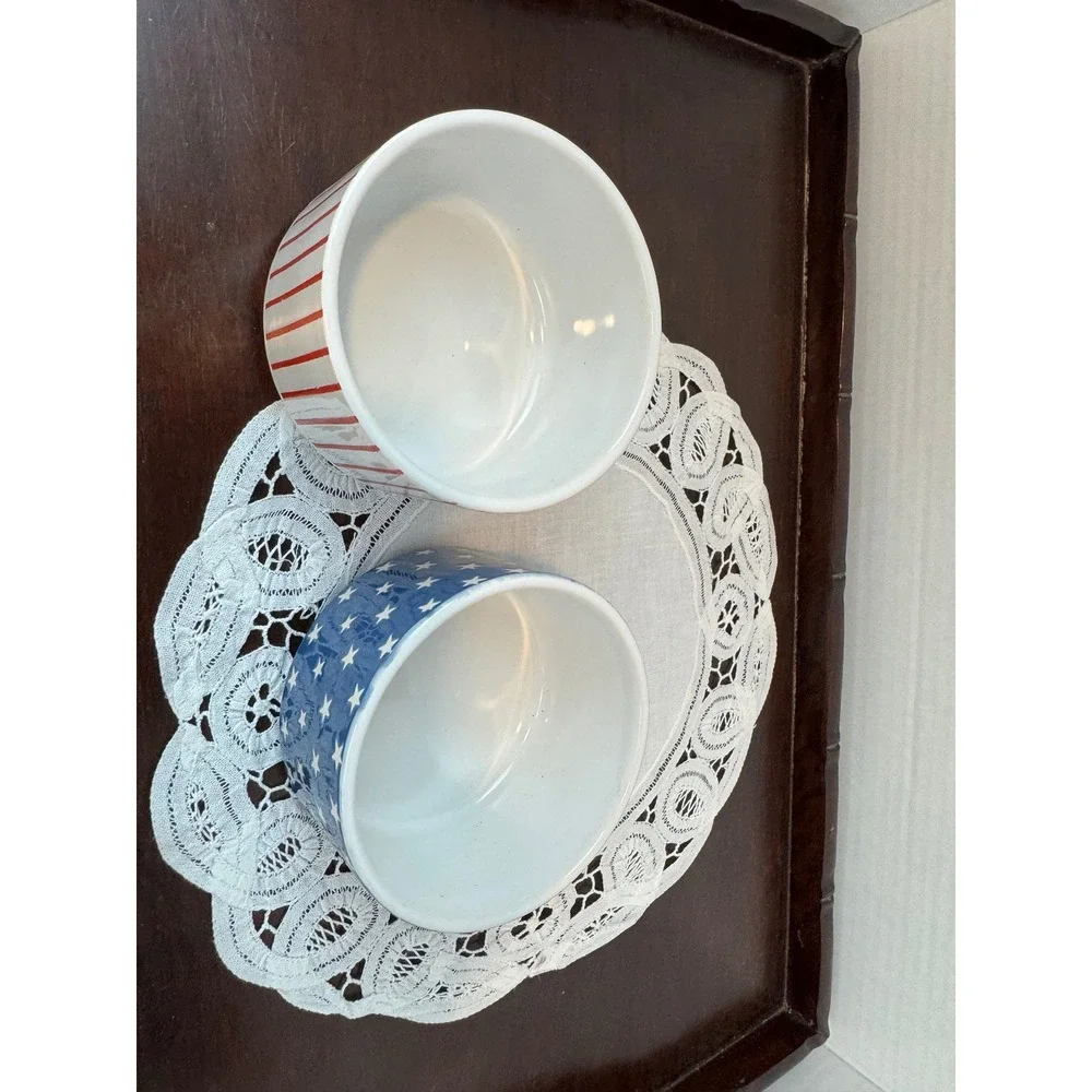 Stoneware Patriotic Stars and‎ Stripes Ramekin Set Red White Blue Bowls 2pc